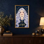 Framed Gemini Twin Star Messenger diamond painting displayed in a home interior