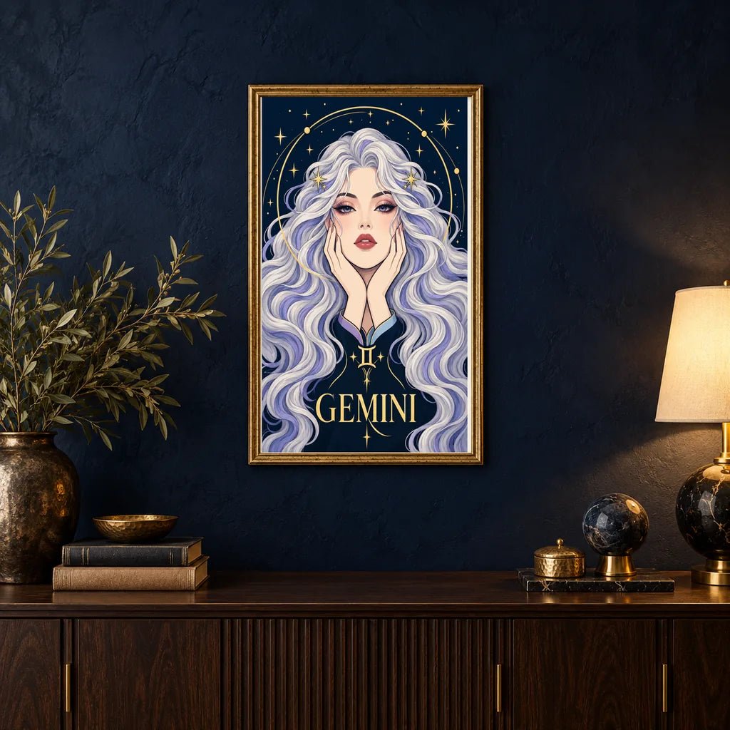 Framed Gemini Twin Star Messenger diamond painting displayed in a home interior