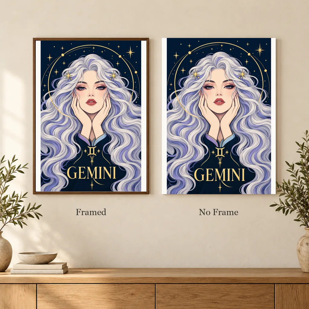Framed and no-frame options for the Gemini Twin Star Messenger diamond painting