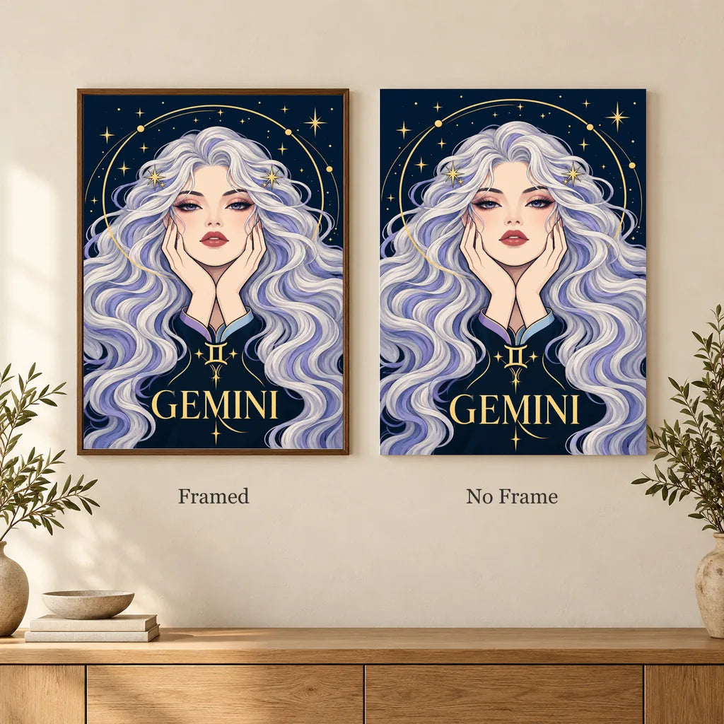 Framed and no-frame options for the Gemini Twin Star Messenger diamond painting