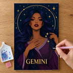 Hands placing drills on the Gemini Mirrored Moon Sage diamond painting canvas