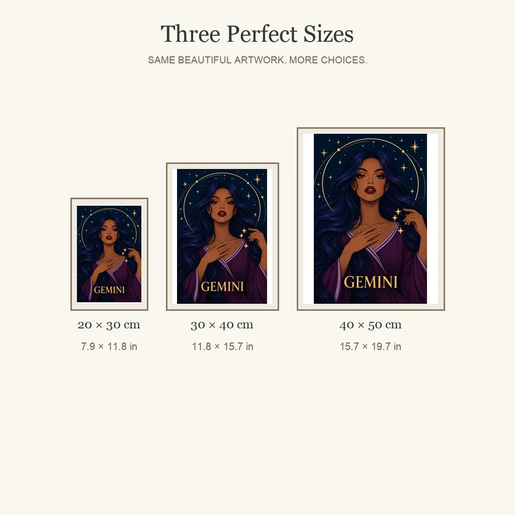 Gemini Mirrored Moon Sage diamond painting in 20 by 30, 30 by 40, and 40 by 50 centimeter sizes