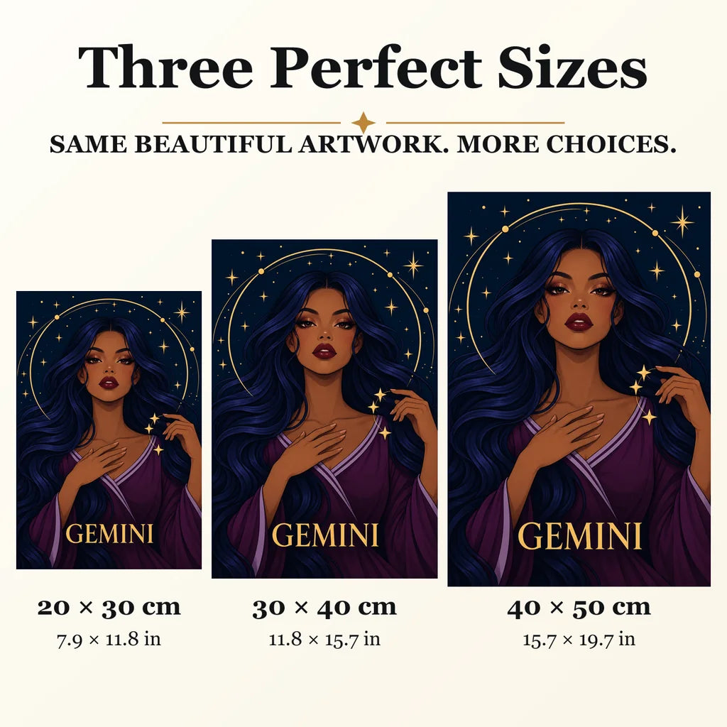 Gemini Mirrored Moon Sage diamond painting in 20 by 30, 30 by 40, and 40 by 50 centimeter sizes