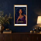 Framed Gemini Mirrored Moon Sage diamond painting displayed in a home interior