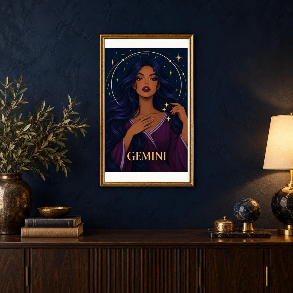 Framed Gemini Mirrored Moon Sage diamond painting displayed in a home interior