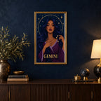 Framed Gemini Mirrored Moon Sage diamond painting displayed in a home interior