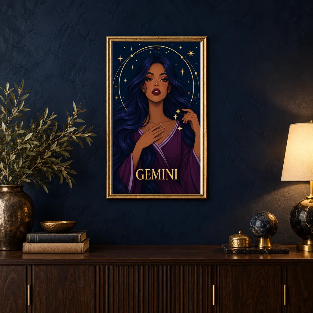 Framed Gemini Mirrored Moon Sage diamond painting displayed in a home interior