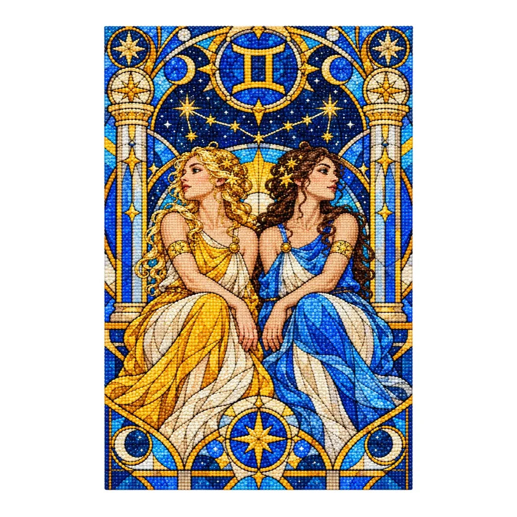 Finished white-background diamond painting of the Gemini stained glass twins