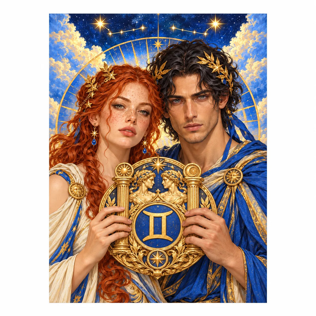 Original white-background Gemini twin-emblem couple artwork