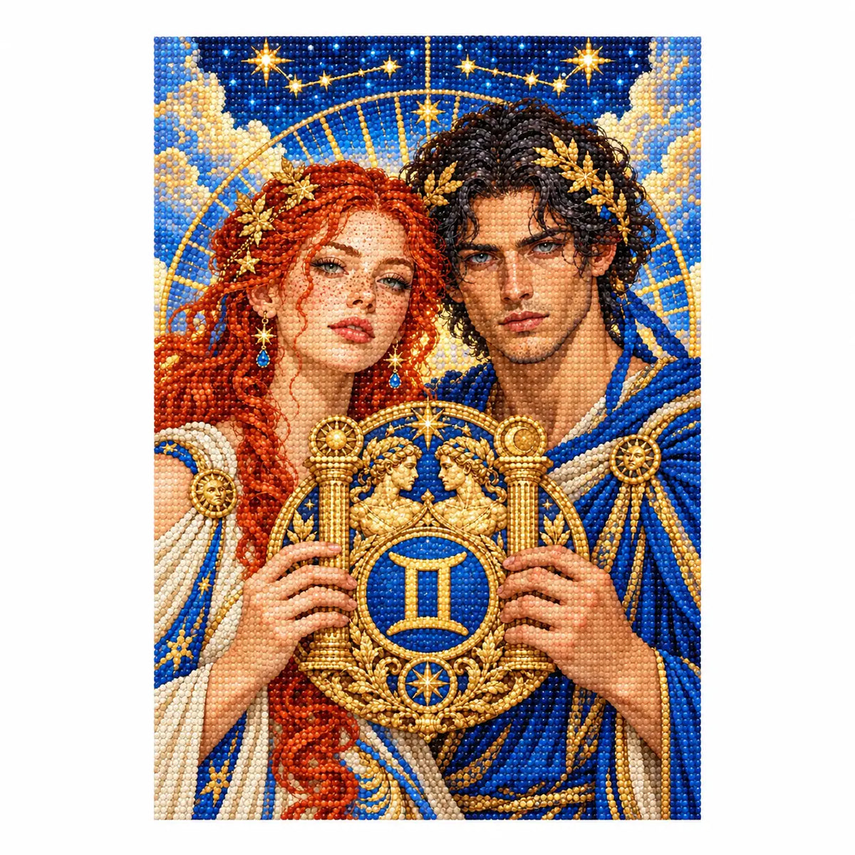 Finished white-background Gemini twin-emblem couple diamond painting