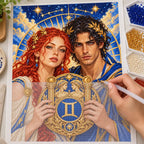 Hands applying diamond drills to the Gemini twin-emblem couple canvas