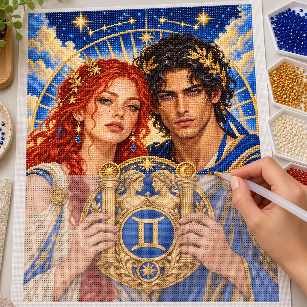 Hands applying diamond drills to the Gemini twin-emblem couple canvas