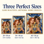 Gemini twin-emblem couple diamond painting size guide for 20 by 30, 30 by 40, and 40 by 50 cm
