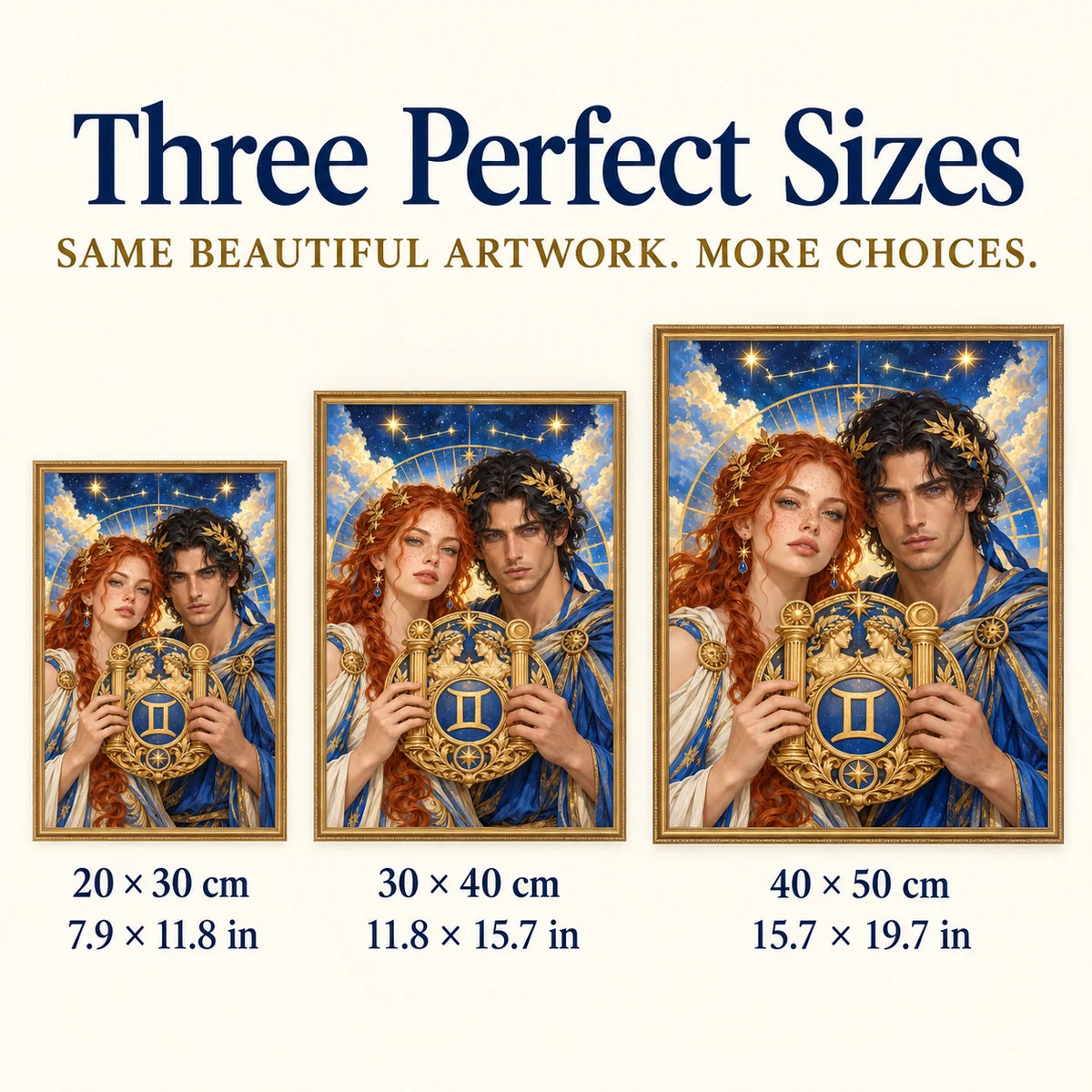 Gemini twin-emblem couple diamond painting size guide for 20 by 30, 30 by 40, and 40 by 50 cm