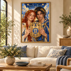 Framed Gemini twin-emblem couple diamond painting displayed in a living room