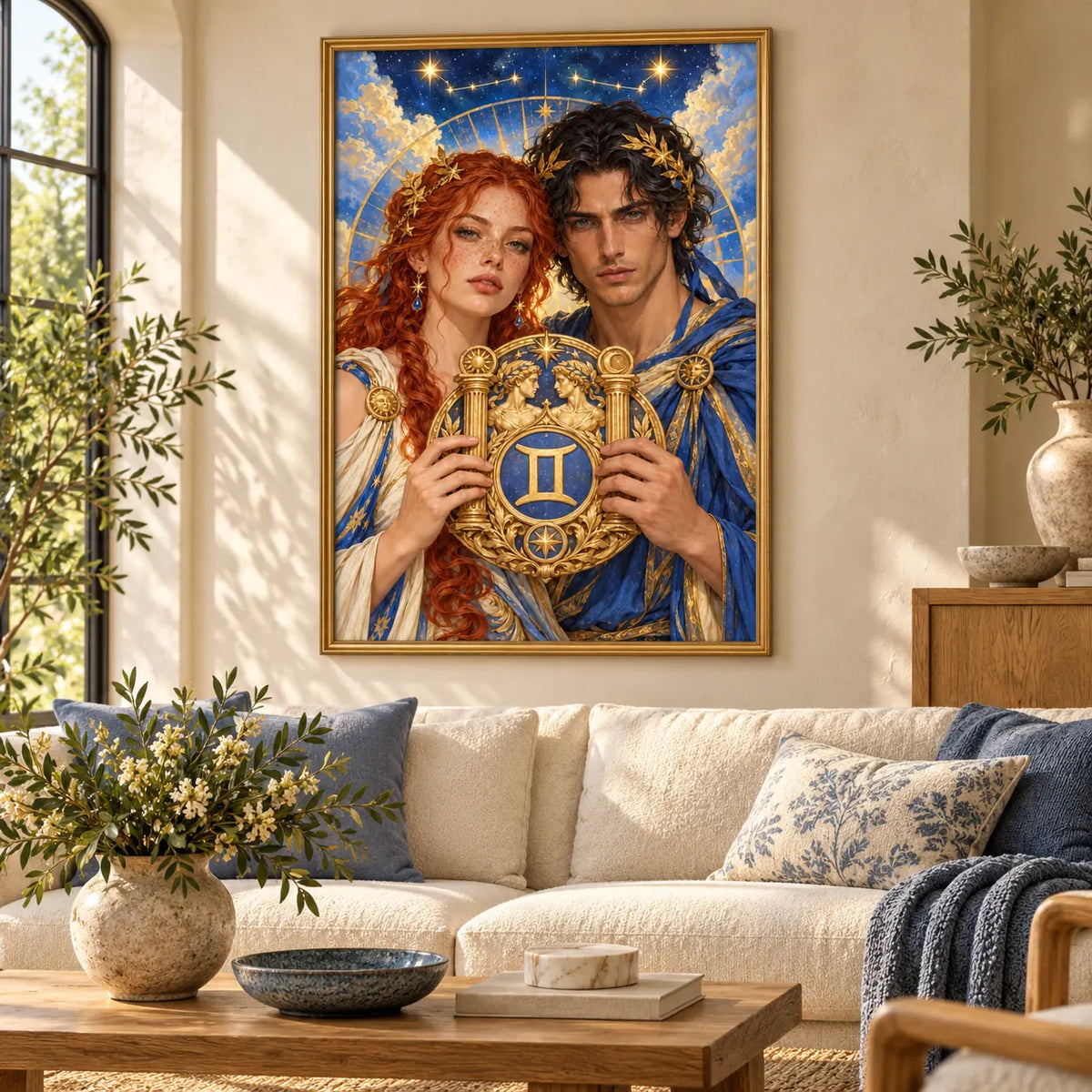 Framed Gemini twin-emblem couple diamond painting displayed in a living room