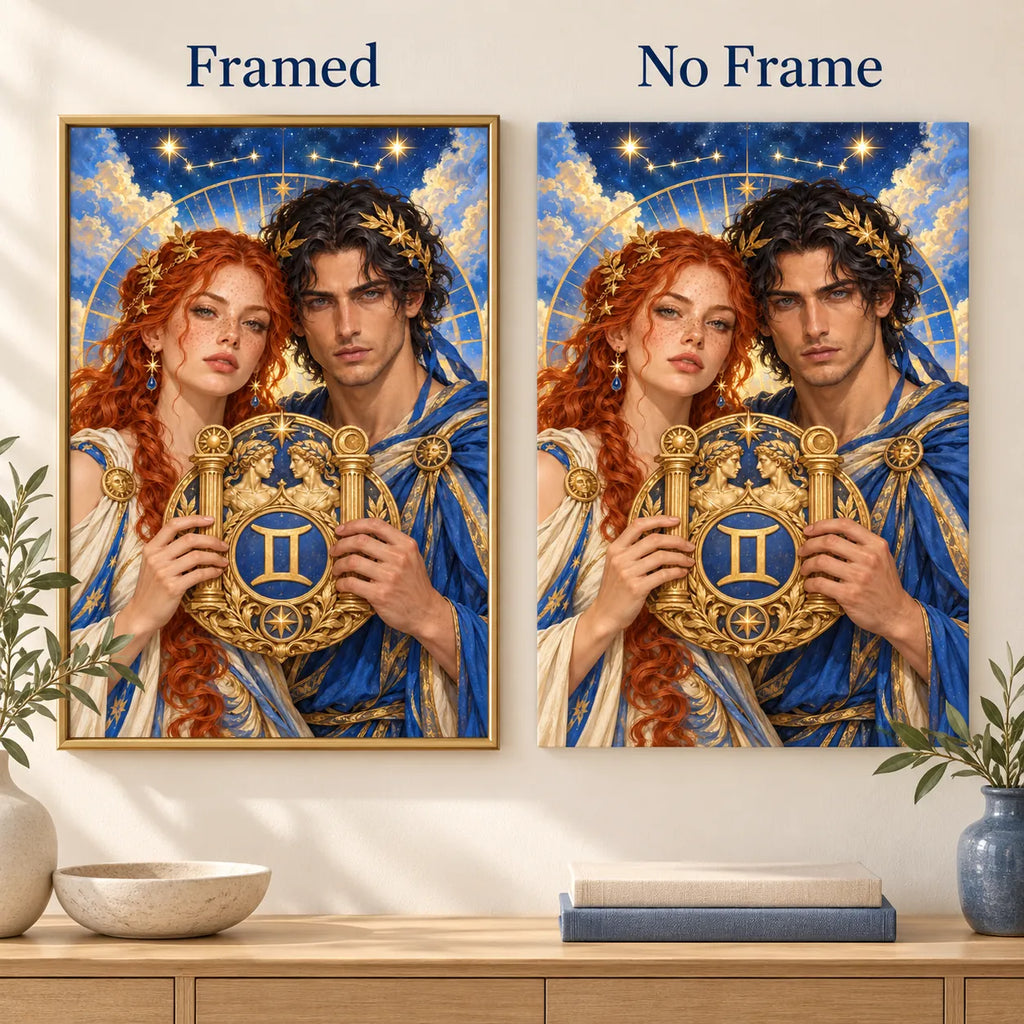 Framed and no-frame style comparison for the Gemini twin-emblem couple diamond painting