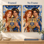Framed and no-frame style comparison for the Gemini twin-emblem couple diamond painting