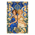 Finished Gemini twin women diamond painting with blue and ivory gowns and Art Nouveau lilies
