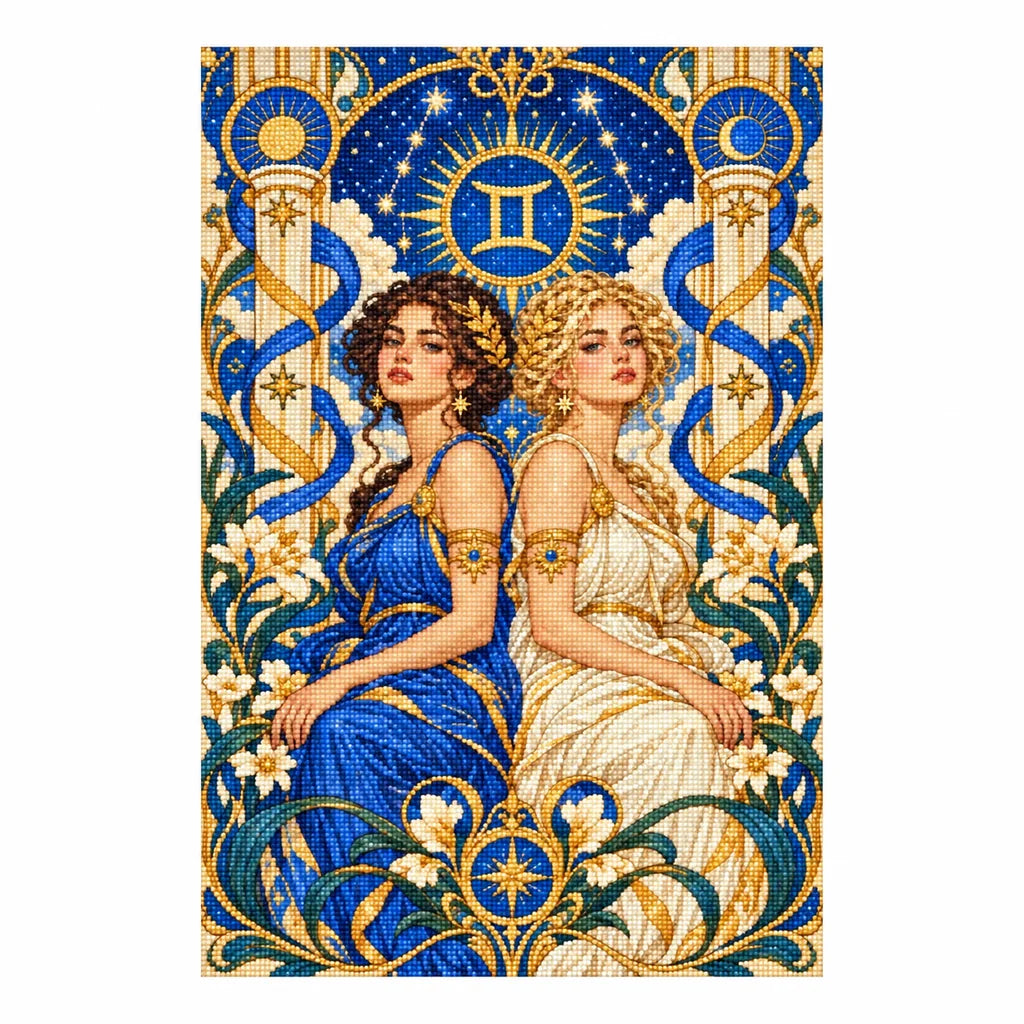 Finished Gemini twin women diamond painting with blue and ivory gowns and Art Nouveau lilies