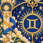 Close-up diamond drill detail on the Gemini zodiac emblem and Art Nouveau border