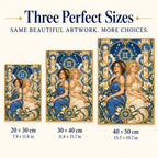 Gemini twin women diamond painting size guide showing 20 × 30 cm, 30 × 40 cm, and 40 × 50 cm