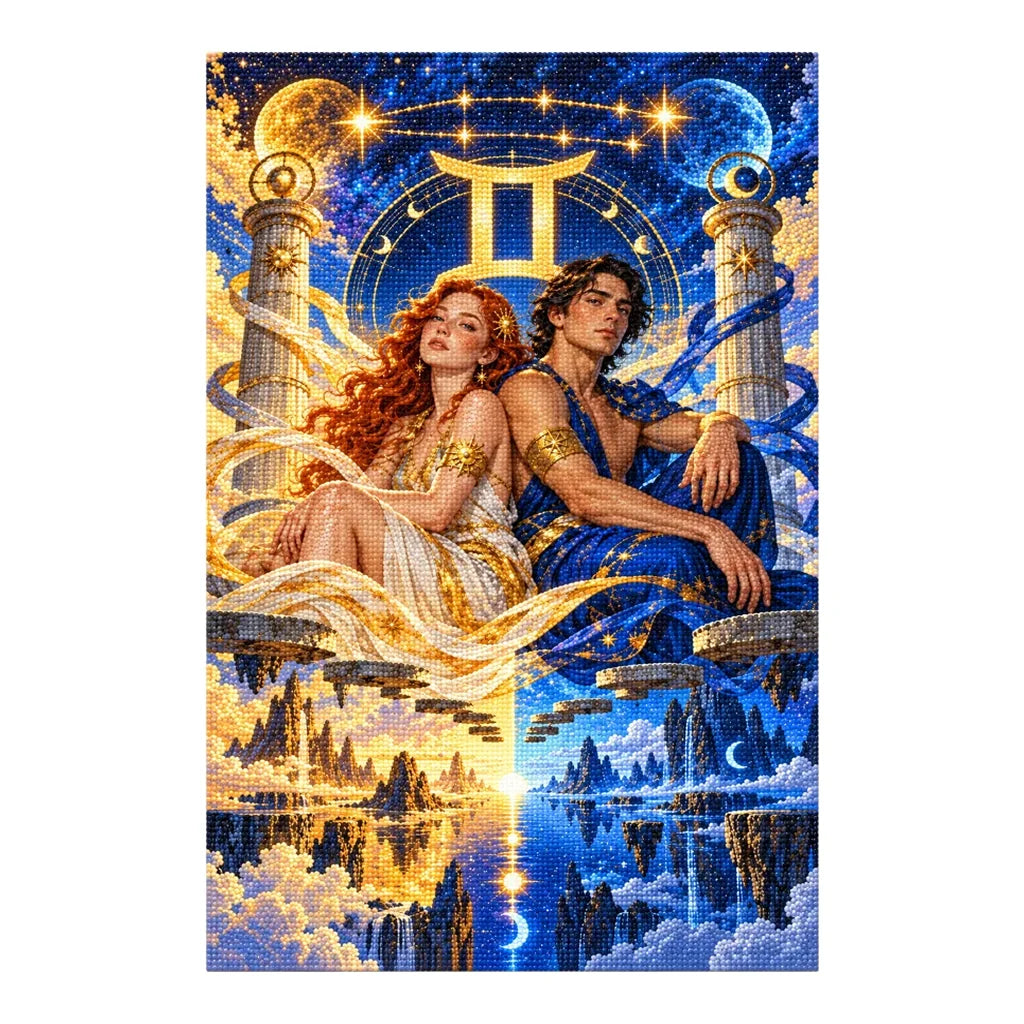 Diamond painting version of the Gemini starbound twins oracle artwork on a white background.