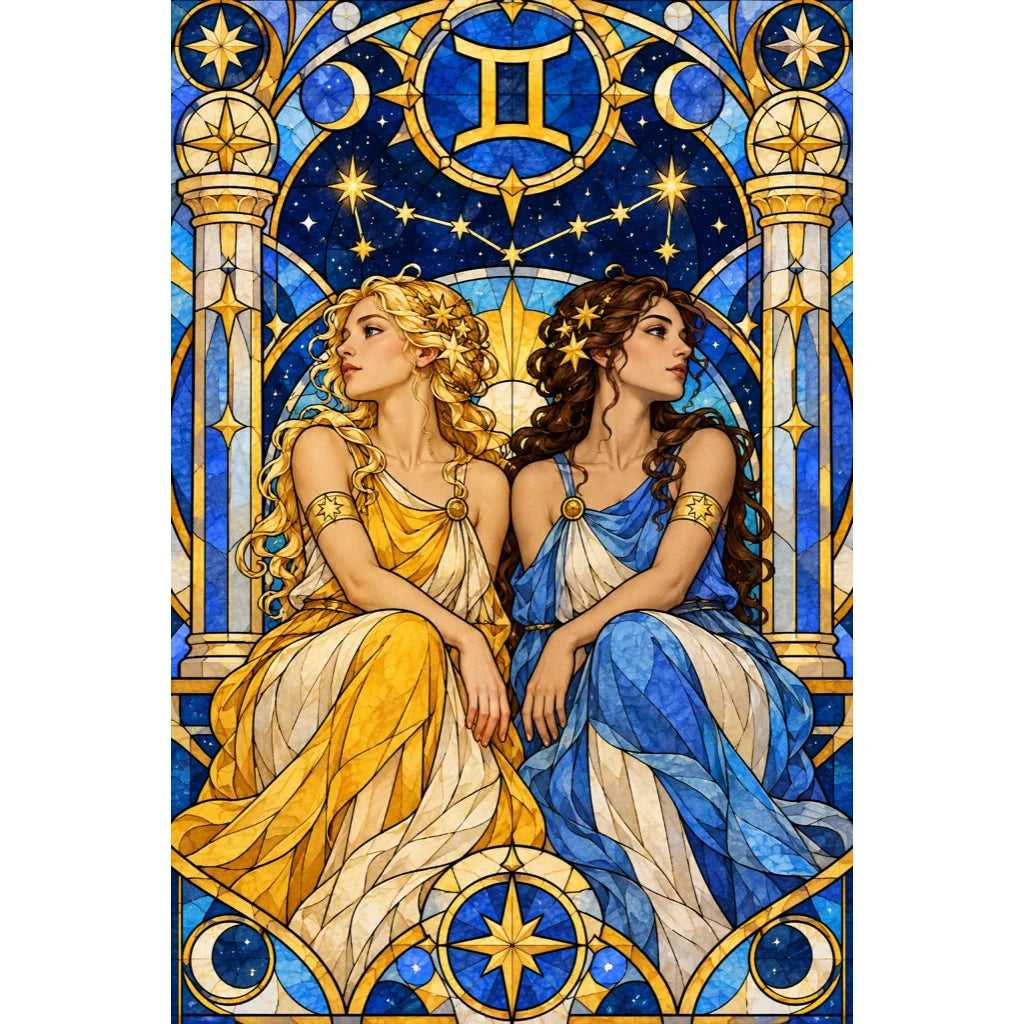 Original white-background stained glass Gemini twins artwork