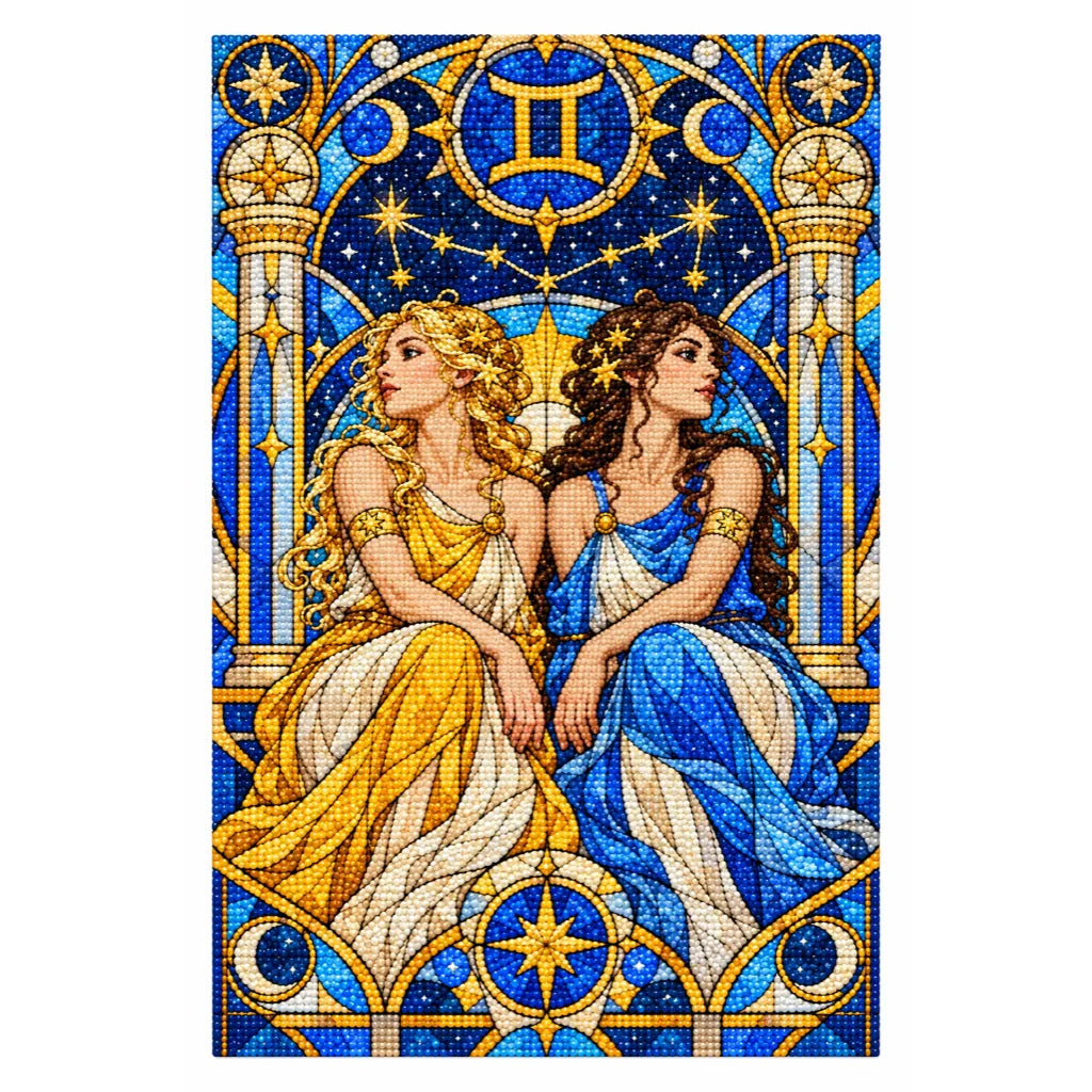 Finished white-background diamond painting of the Gemini stained glass twins
