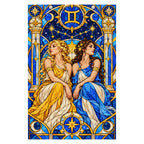 Finished white-background diamond painting of the Gemini stained glass twins