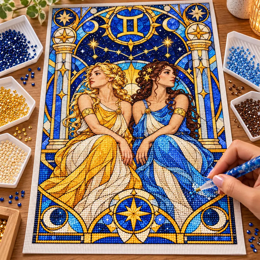 Hands applying drills to the Gemini stained glass twins canvas