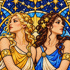 Close-up diamond drill detail on the Gemini stained glass twin figures