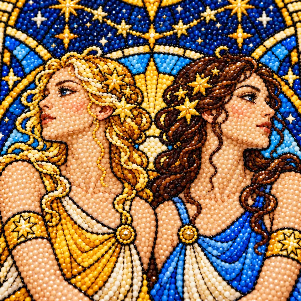 Close-up diamond drill detail on the Gemini stained glass twin figures