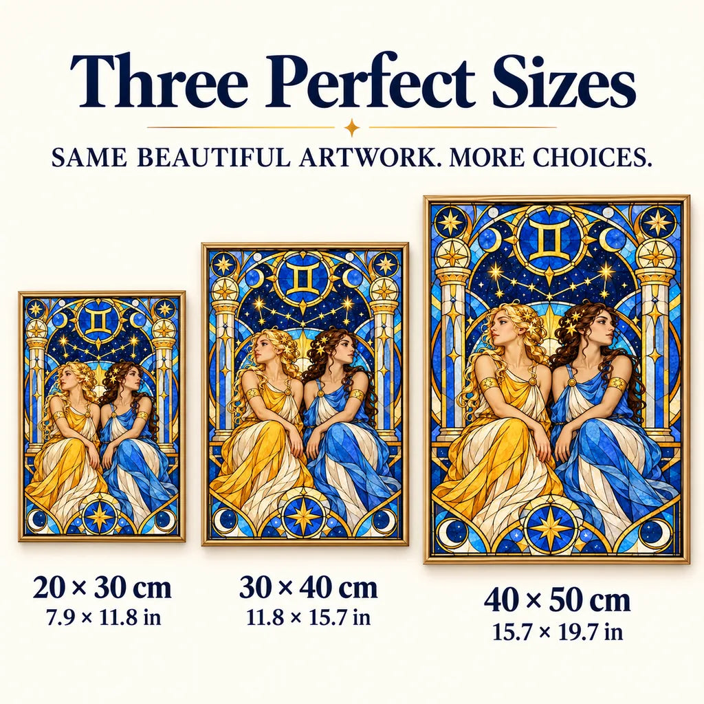 Gemini stained glass twins diamond painting size guide for 20 × 30 cm, 30 × 40 cm, and 40 × 50 cm