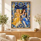 Framed Gemini stained glass twins diamond painting displayed in a home interior