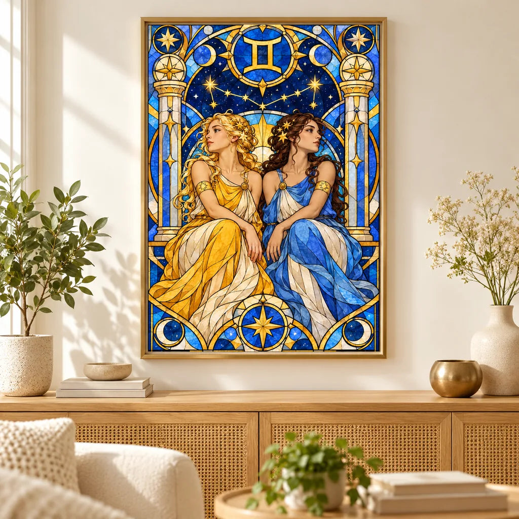 Framed Gemini stained glass twins diamond painting displayed in a home interior