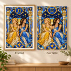 Framed and no-frame comparison of the Gemini stained glass twins diamond painting