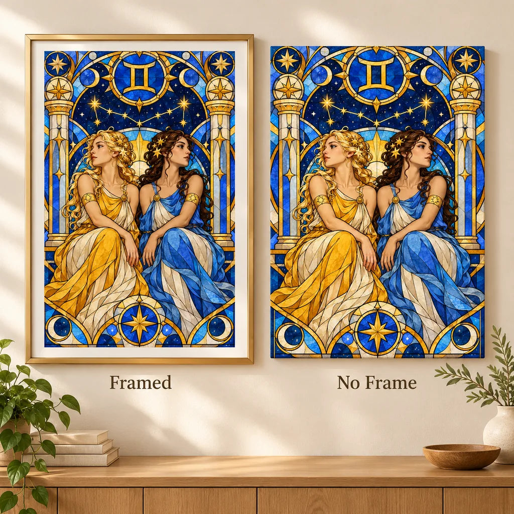 Framed and no-frame comparison of the Gemini stained glass twins diamond painting