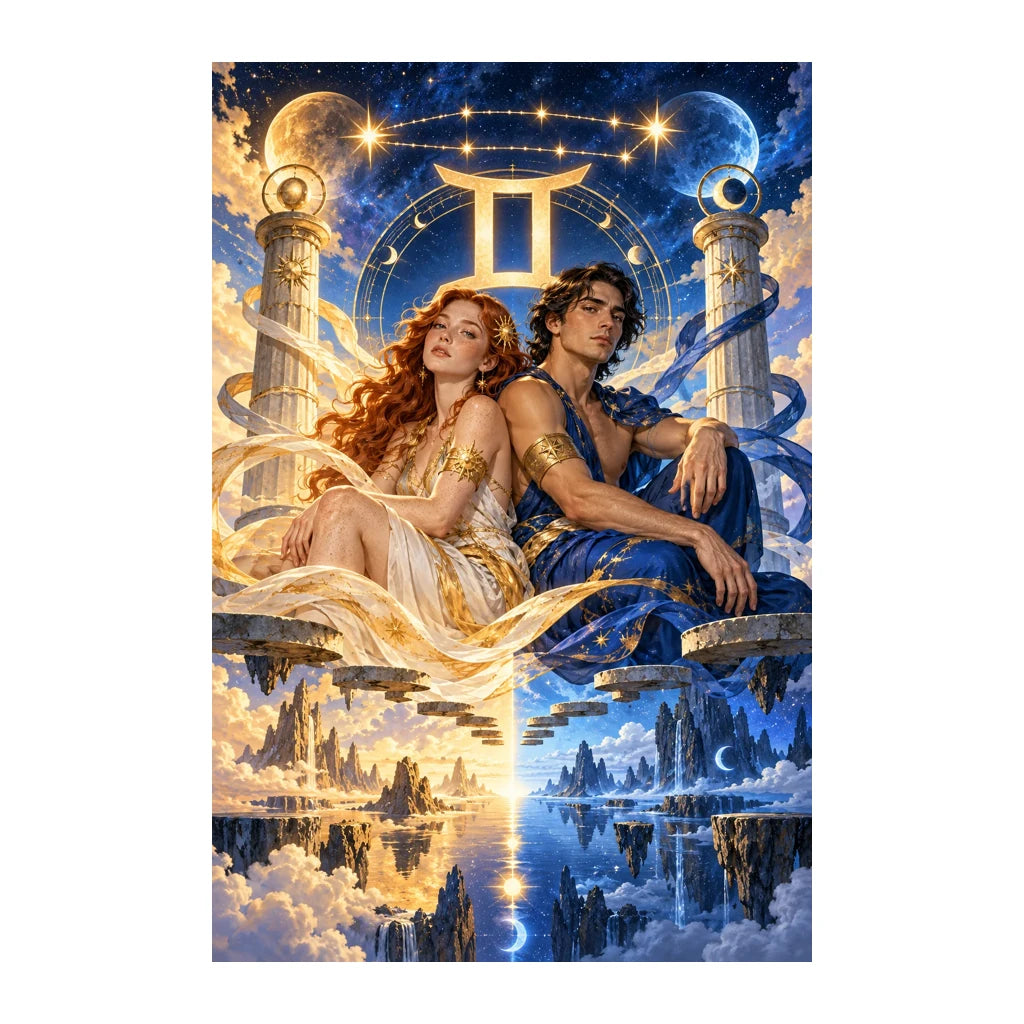 Original Gemini zodiac artwork showing twin women beneath the Gemini symbol among golden towers and clouds.