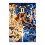 Original Gemini zodiac artwork showing twin women beneath the Gemini symbol among golden towers and clouds.