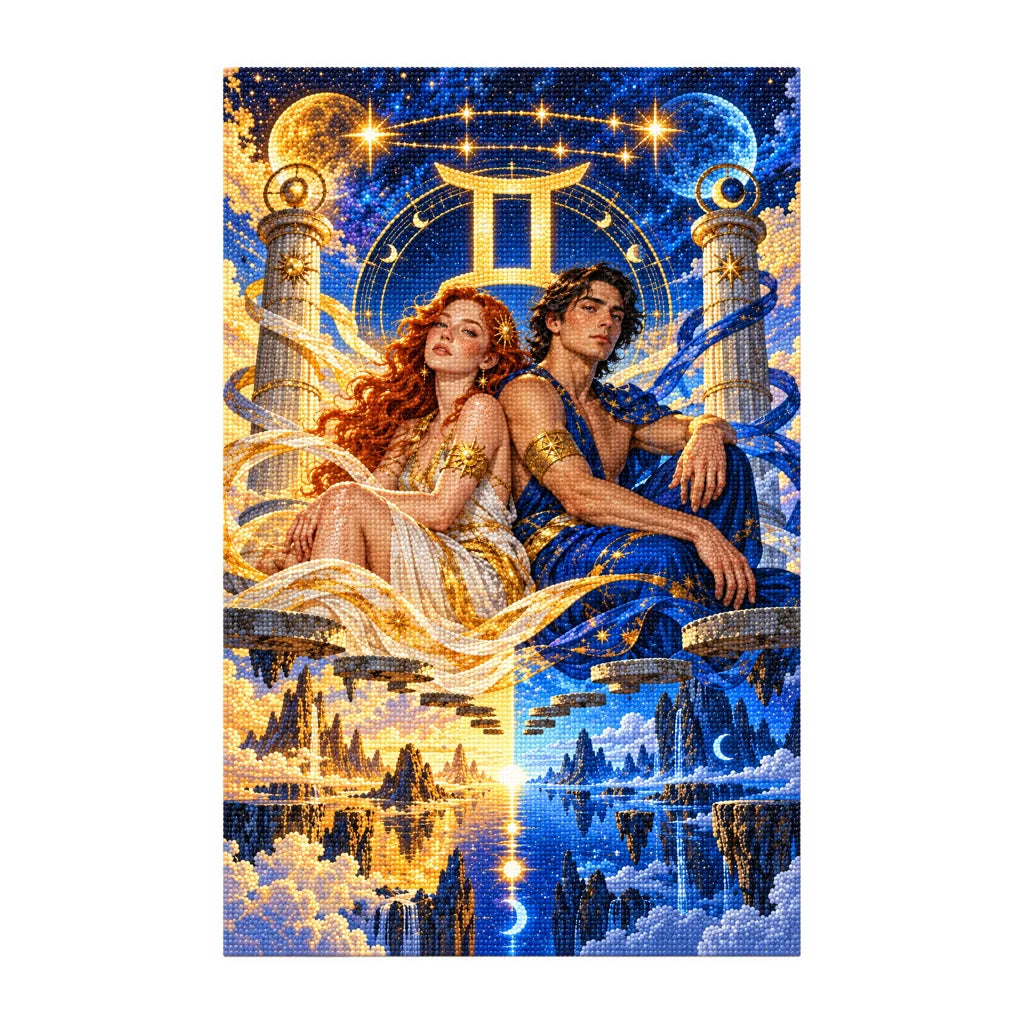 Diamond painting version of the Gemini starbound twins oracle artwork on a white background.