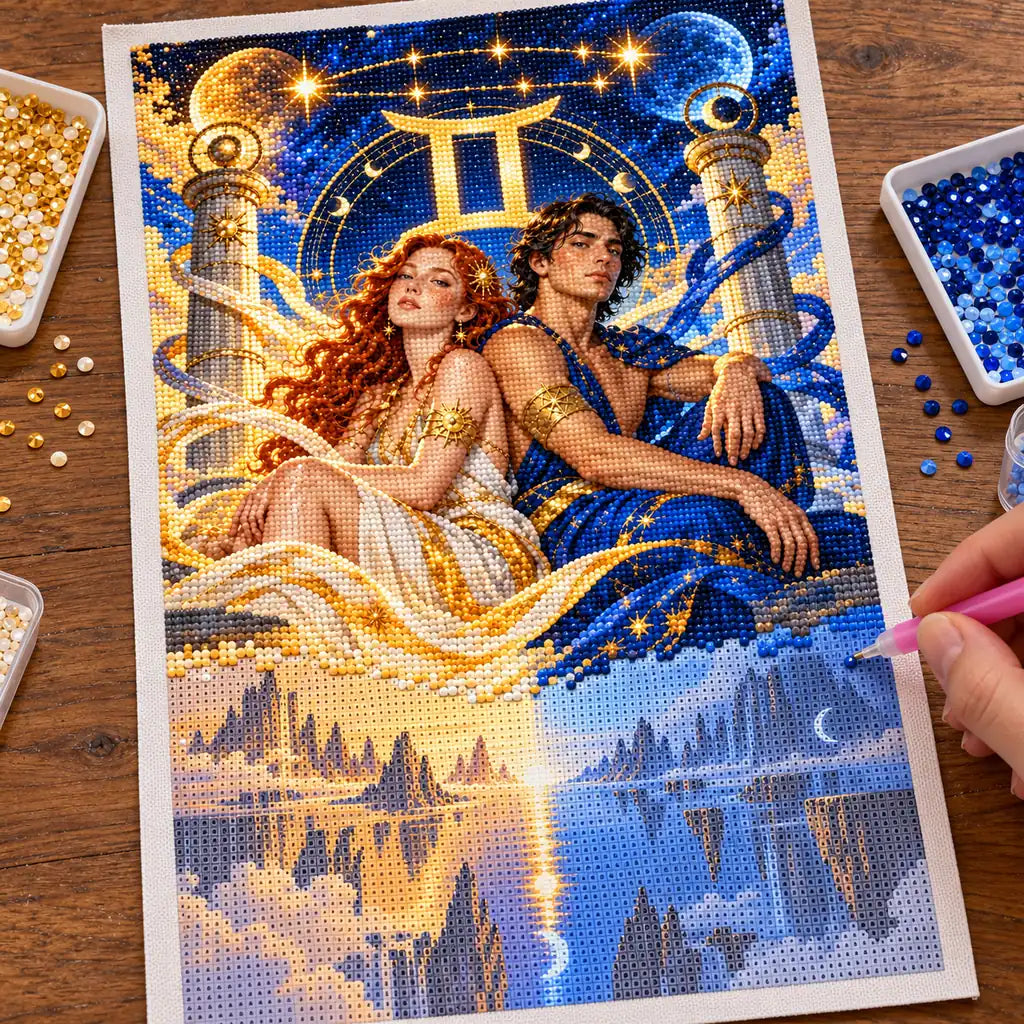 Hands placing drills on the Gemini starbound twins diamond painting canvas.