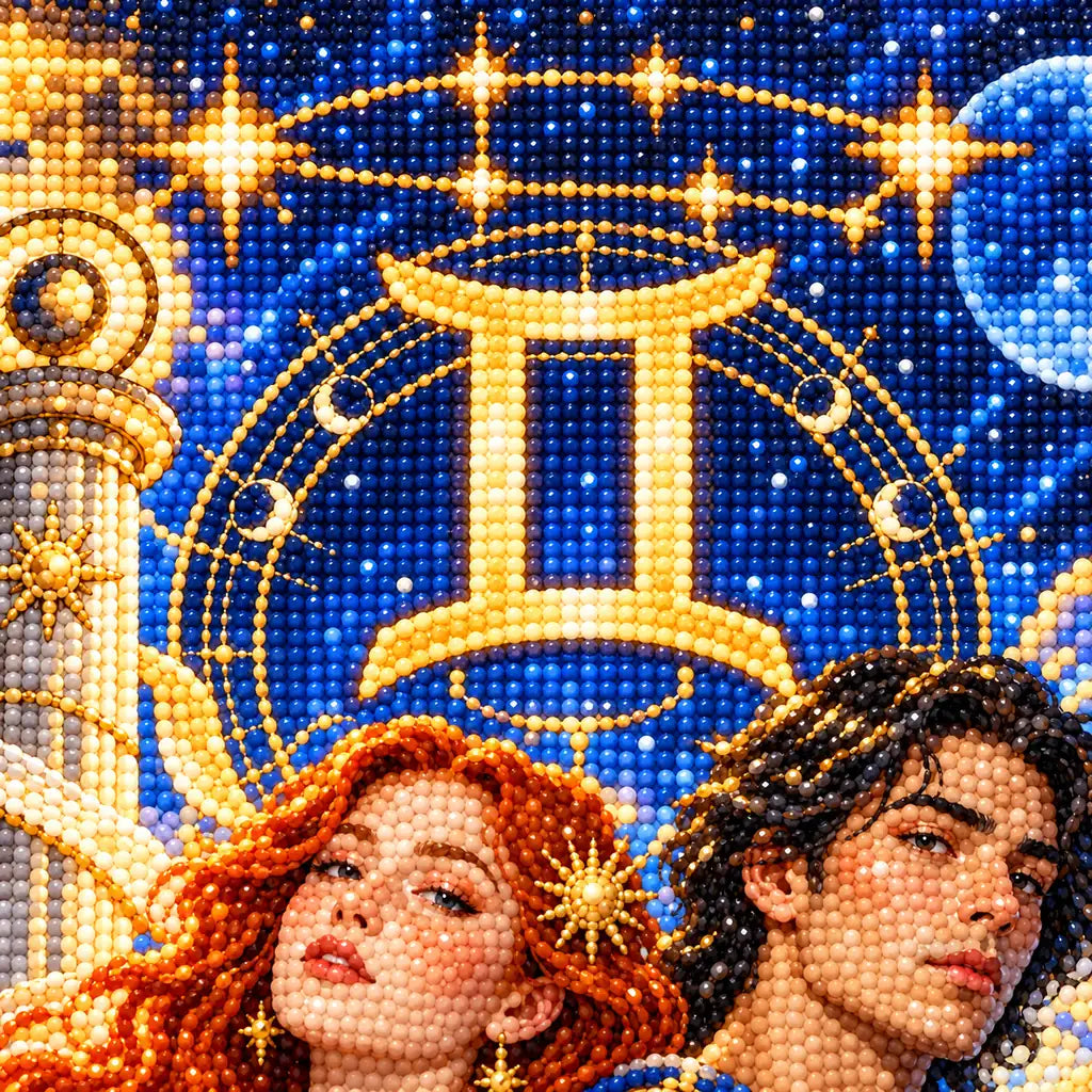 Close-up of the Gemini twins and sparkling zodiac symbol rendered in diamond drills.