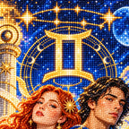 Close-up of the Gemini twins and sparkling zodiac symbol rendered in diamond drills.