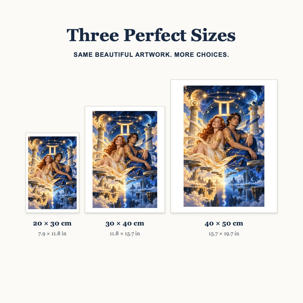 Gemini starbound twins diamond painting size guide for 20 × 30, 30 × 40, and 40 × 50 cm.