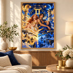 Framed Gemini starbound twins diamond painting displayed in a living room.