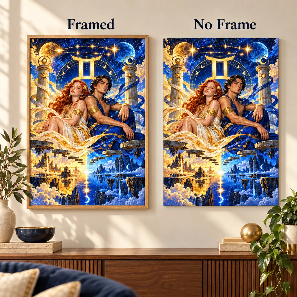 Gemini starbound twins diamond painting shown in framed and no-frame styles.