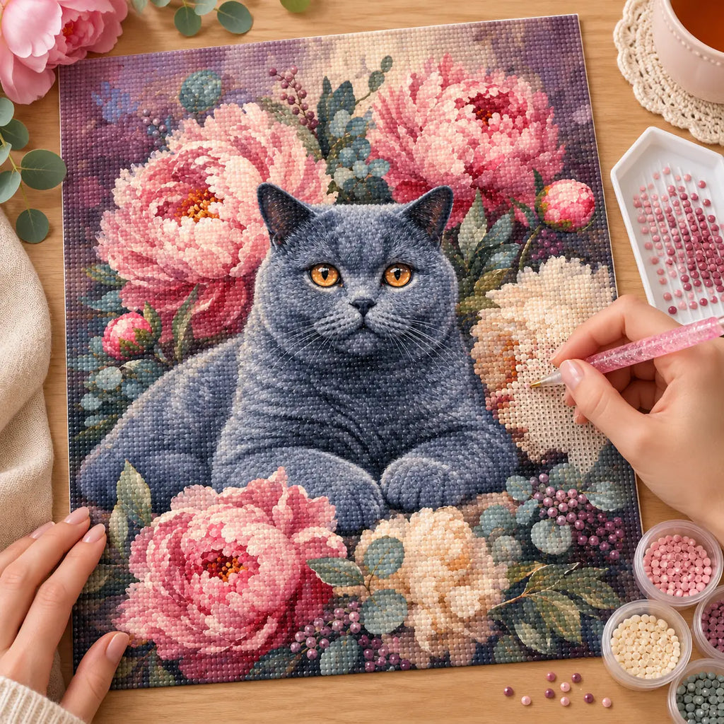 Diamond painting process for Gentle Gaze Among Peonies Diamond Painting Kit