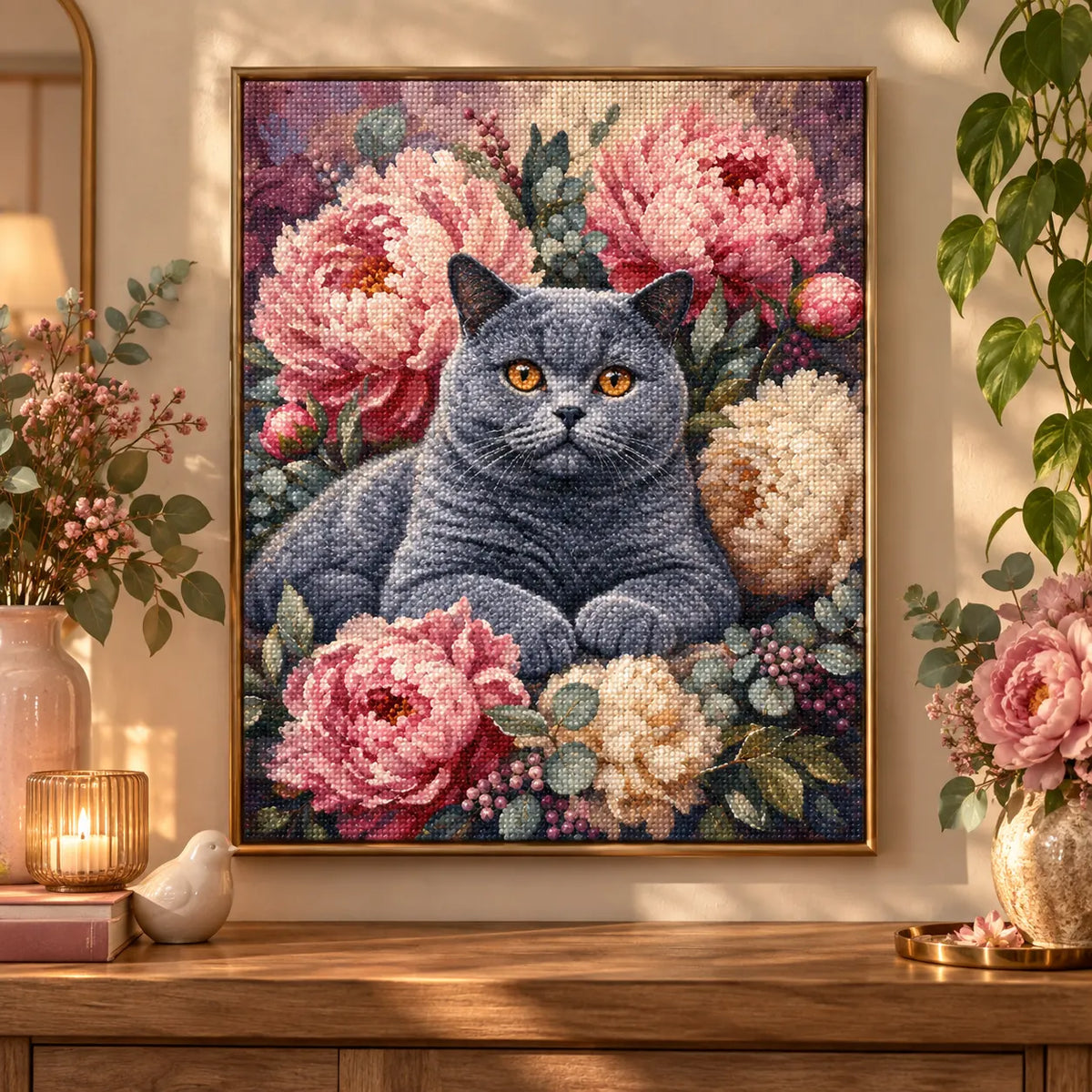 Home decor scene for Gentle Gaze Among Peonies Diamond Painting Kit