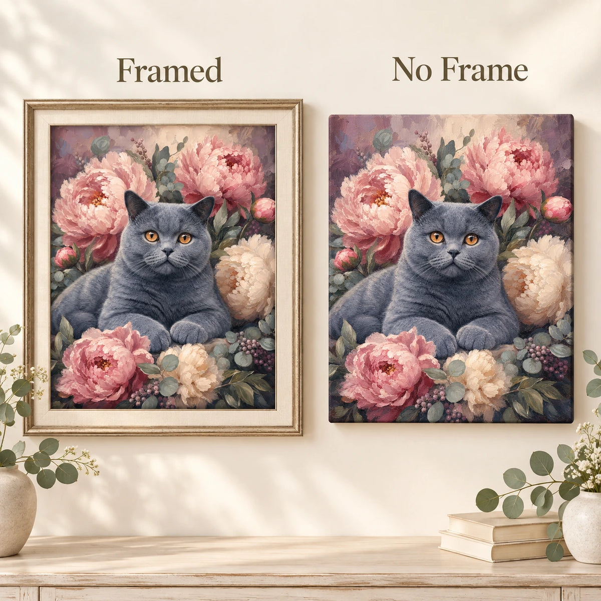 Framed and no-frame comparison for Gentle Gaze Among Peonies Diamond Painting Kit